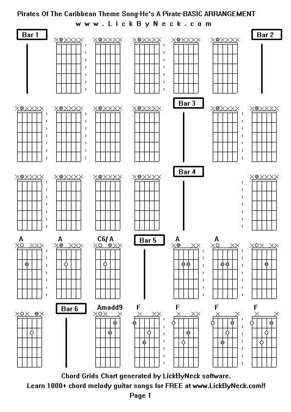 Chord Grids Chart of chord melody fingerstyle guitar song-Pirates Of The Caribbean Theme Song-He's A Pirate-BASIC ARRANGEMENT,generated by LickByNeck software.